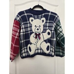 Vintage Heartworks 80s Teddy Bear Knit Sweater Youth Large Navy Crewneck Holiday